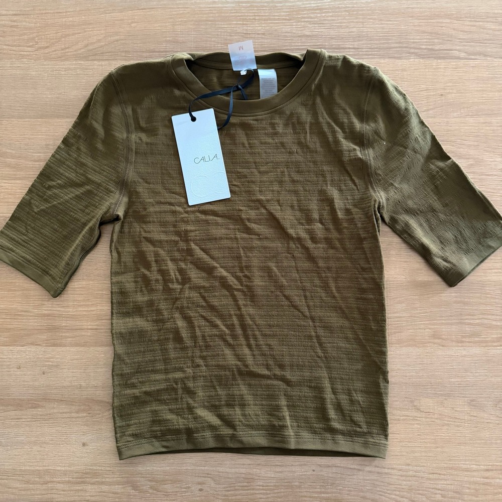 Calia Focus Seamless‎ Crop Tee Dark Khaki Olive Green Womens Medium NWT - Picture 1 of 8